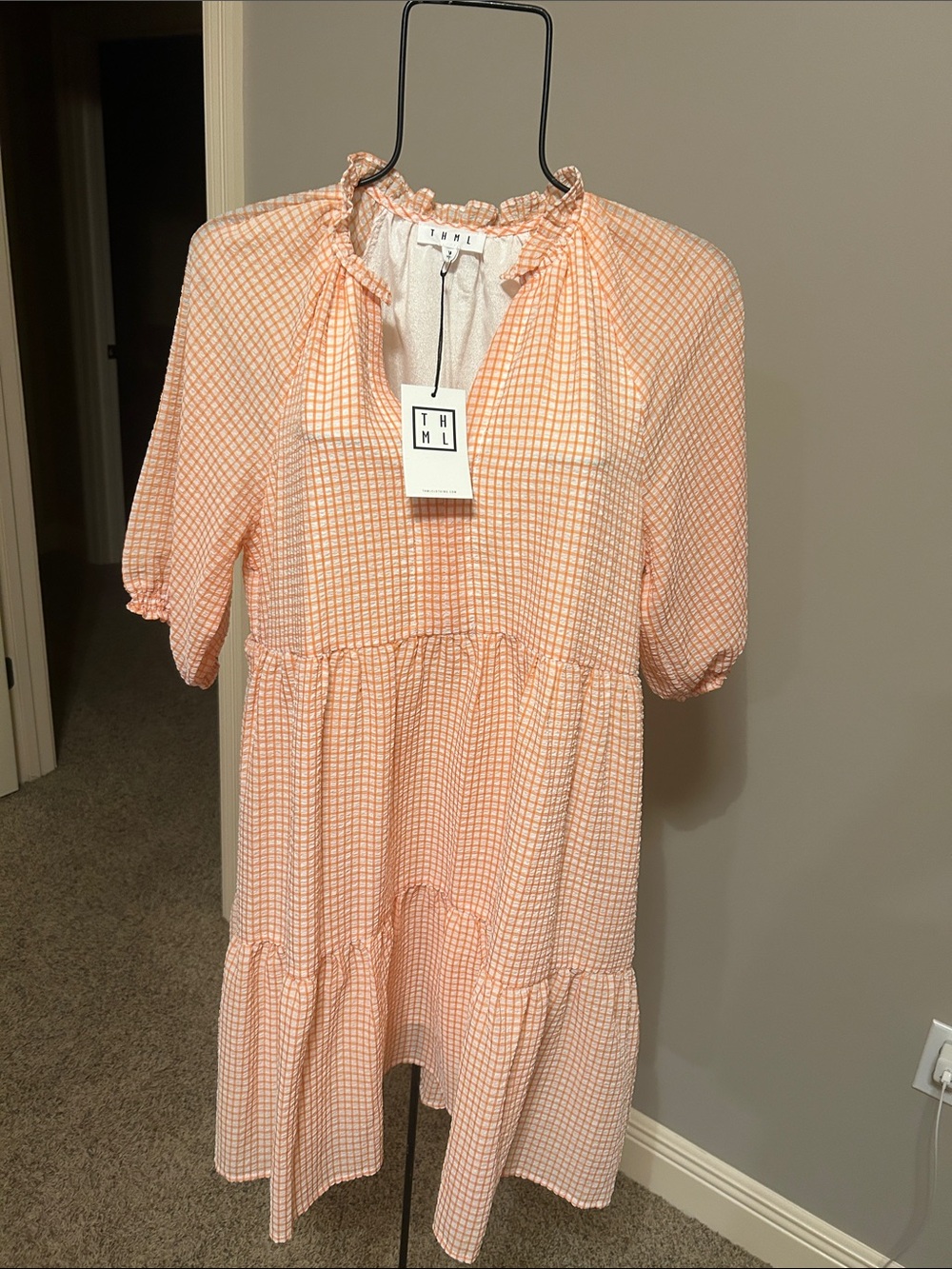 THML Peach Gingham Tiered Babydoll Dress